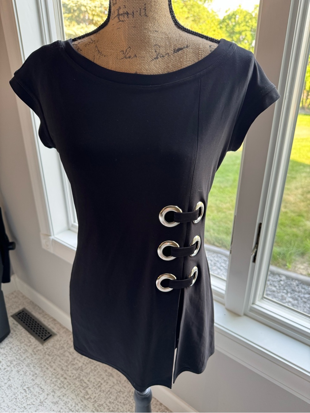 Joseph Ribkoff Black Short-Sleeve Tunic with Silver Ring Accents